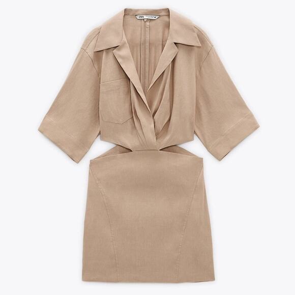 Zara Khaki Tan Linen Blend Side Cutout Mini Dress 9479/077 Size Large - Picture 1 of 8